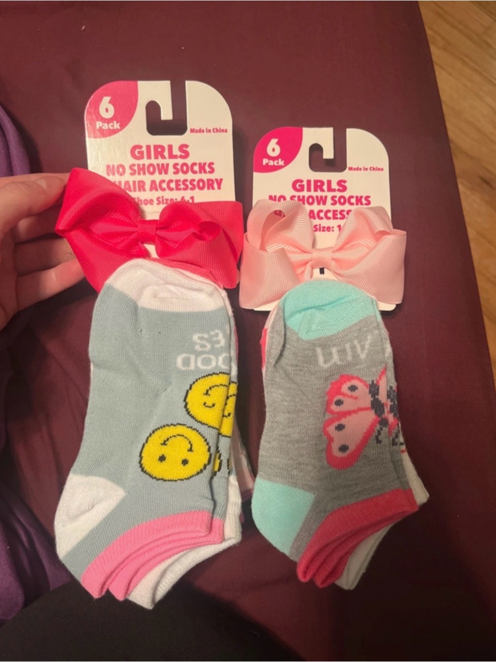 Girls No Show Socks & Hair Bow Set - Pink, Coral, Gray